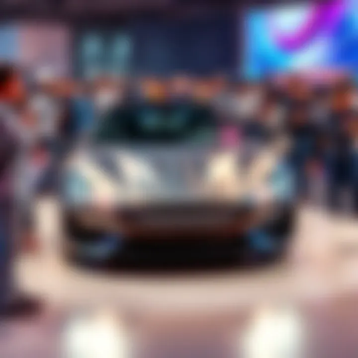 A sleek new car is showcased at an automotive demonstration, surrounded by enthusiastic people and automotive experts examining its features.