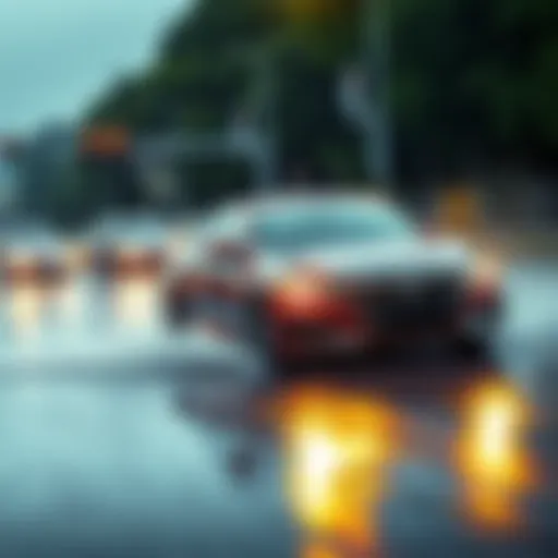 A car navigating a wet road during rain with splashes of water