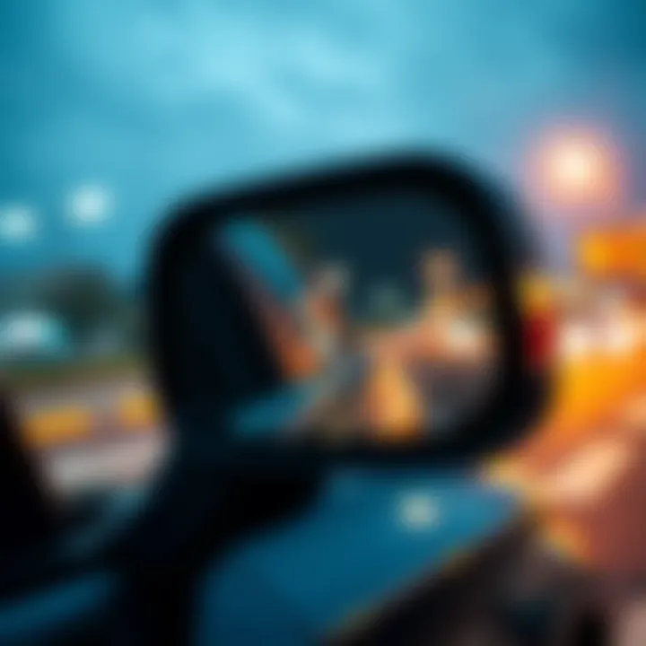 A car showing an active auto mirror feature, reflecting the driver's side view clearly