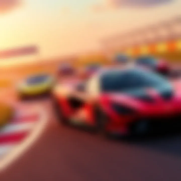 A vibrant image showing various supercars including a Ferrari and a McLaren on a racetrack, highlighting the Racing Master game promotion.