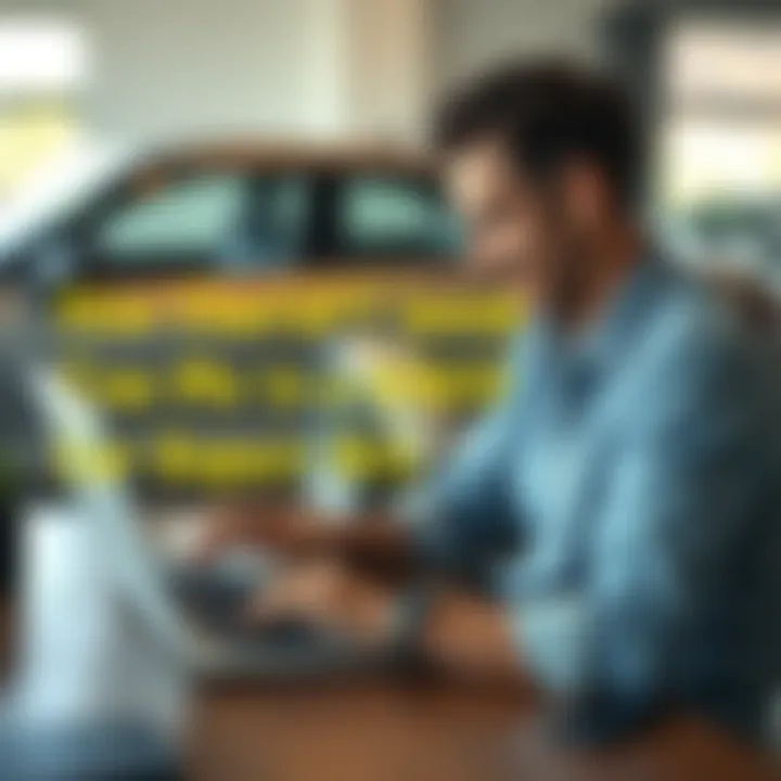 A person sitting at a table with a laptop open, smiling while reading advice about car repairs. A car can be seen in the background, representing the repair situation.
