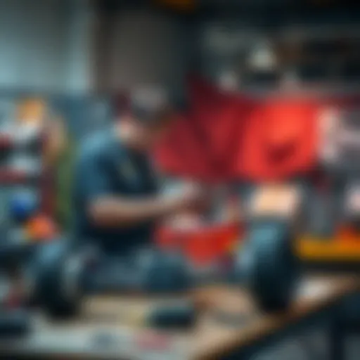 A person demonstrating the rigging process for a car suspension on a workshop bench