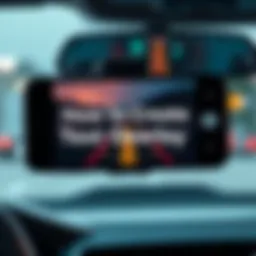 A smartphone mounted in a car showing a video with a clear text overlay indicating speed and navigation details.