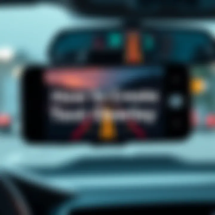 Text Overlay on Car Video A smartphone mounted in a car showing a video with a clear text overlay indicating speed and navigation details.