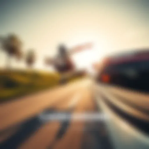 A person riding a skateboard attached to a moving car on a sunny day, showcasing carboarding as a thrilling sport.