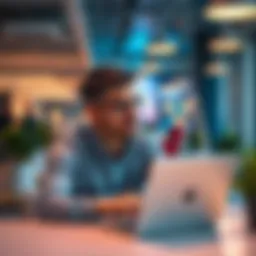 A 43-year-old CGI generalist contemplating new career options while looking at a laptop in a modern office space.