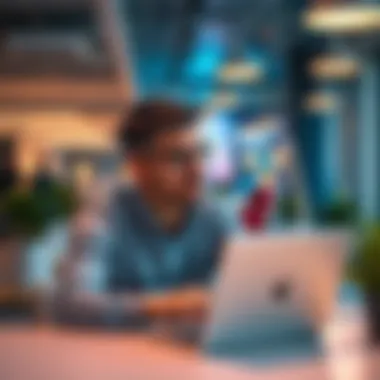 A 43-year-old CGI generalist contemplating new career options while looking at a laptop in a modern office space.