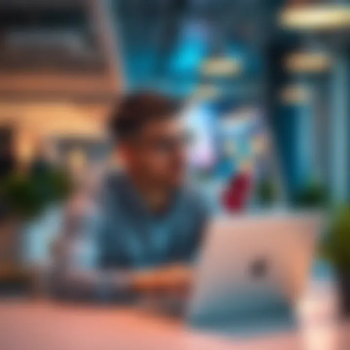 A 43-year-old CGI generalist contemplating new career options while looking at a laptop in a modern office space.