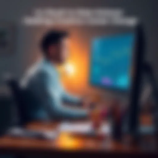 A professional sitting at a desk, looking thoughtfully at a computer screen filled with data, with art supplies visible on the side, symbolizing a desire for creativity.