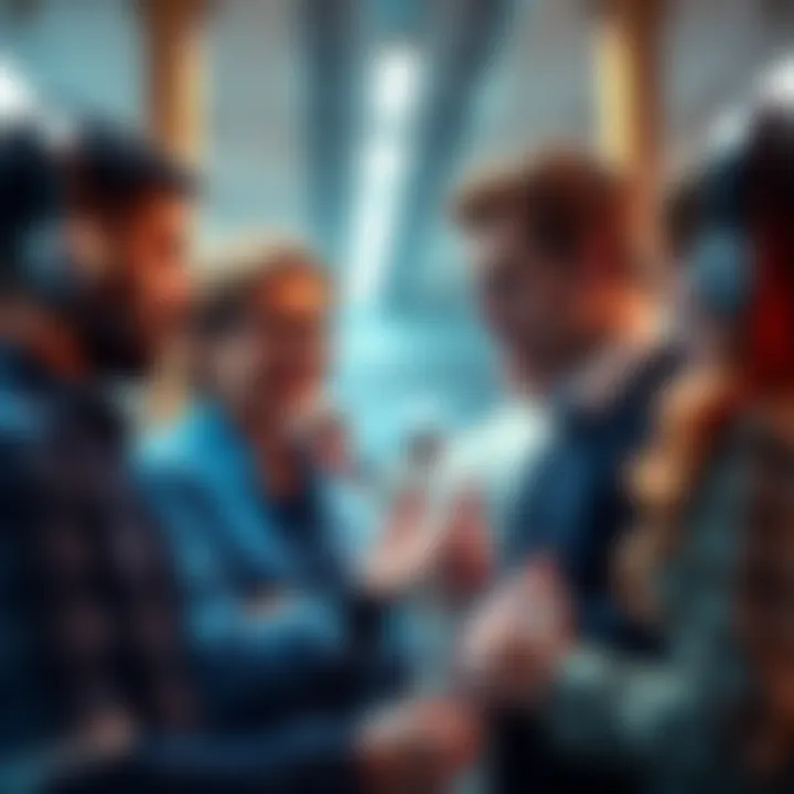 A group of people engaging in conversation about job choices, with some representing tech jobs and others representing stable, low-stress jobs.