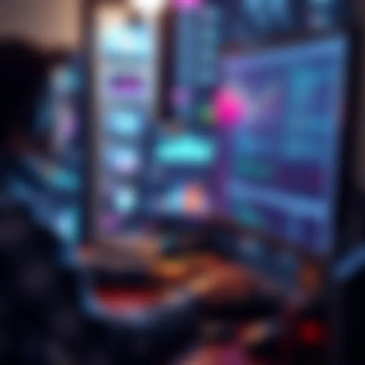A professional working on a computer with natural language processing code on the screen, showing graphs and chatbots in the background, symbolizing career advancement in technology.