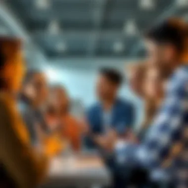 A group of diverse people discussing ideas in a bright office setting, expressing concern for company values and mission.