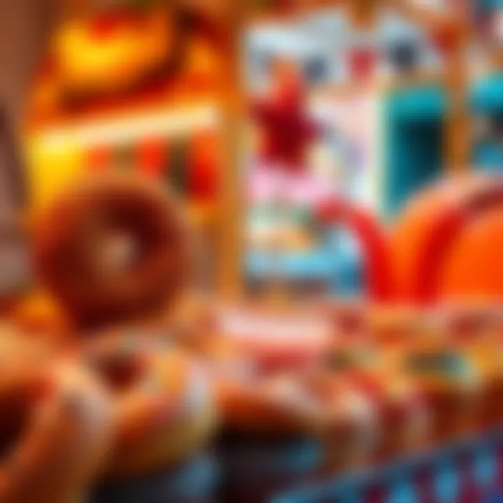 A colorful array of deep fried donuts, giant gummy worms, and cupcakes at a carnival stand, showcasing the festive food offerings.