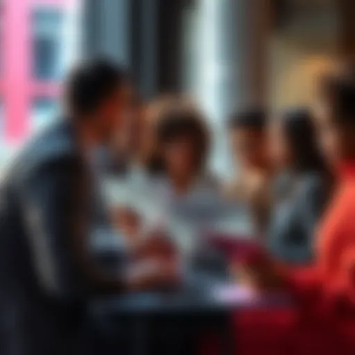 A group of diverse people engaging in a discussion about current events, with laptops and notebooks in a modern setting.