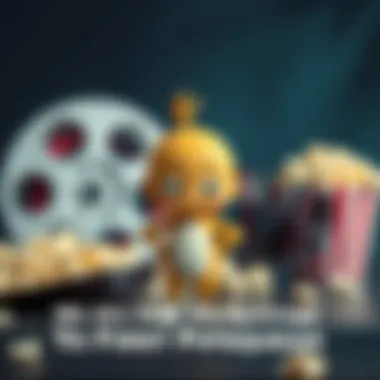 A small animated character with big eyes and a cheerful expression stands with hands on hips, symbolizing confidence. In the background, a film reel and popcorn represent the movie industry.