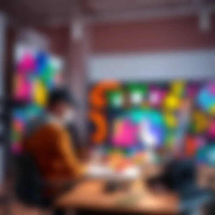 An artist working on a colorful cartoonish background with digital tools and vibrant colors in a bright studio