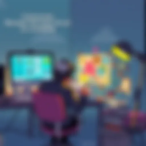 A cartoonist sitting at a desk, sketching ideas about AI-generated art, surrounded by colorful drawings and a computer displaying AI art, contemplating the future of creativity.