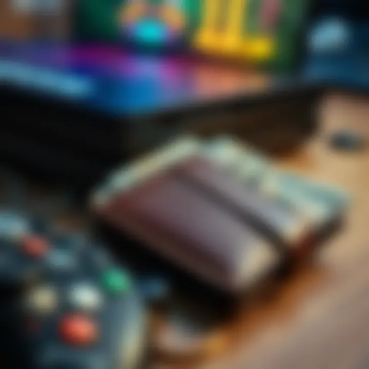 A close-up of a wallet with cash next to a gaming console representing spending wisely on Fable.