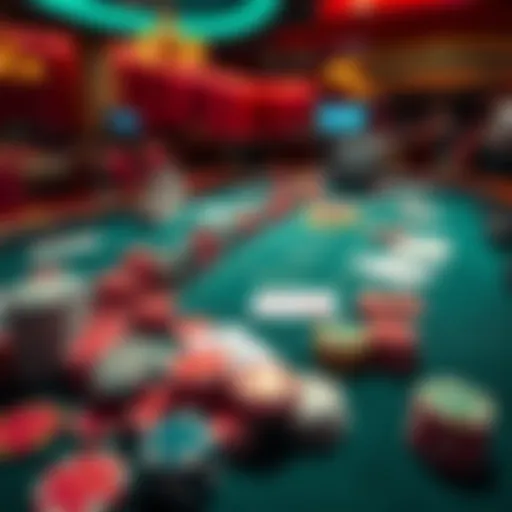 A casino table filled with colorful chips and playing cards, showcasing a lively gambling scene.