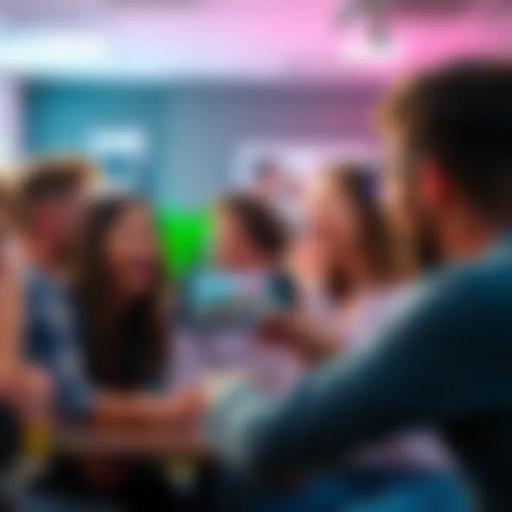 A group of friends enjoying a casual Discord meetup, laughing and chatting together while one person captures the moment on a phone camera.