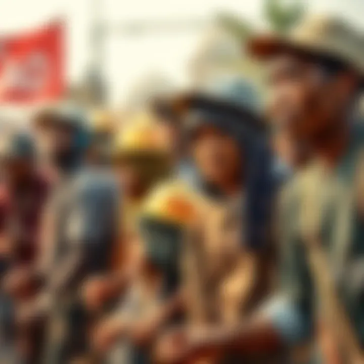Casual Racism and Forced Labor A group of diverse workers engaged in manual labor, showing signs of exhaustion and concern, highlighting the impact of forced immigration and labor policies influenced by casual racism.