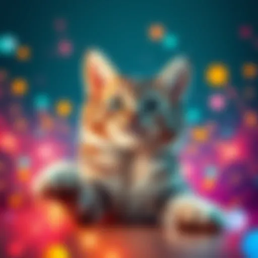 A playful cat surrounded by colorful AI-generated graphics, showcasing a fun hybrid video creation.