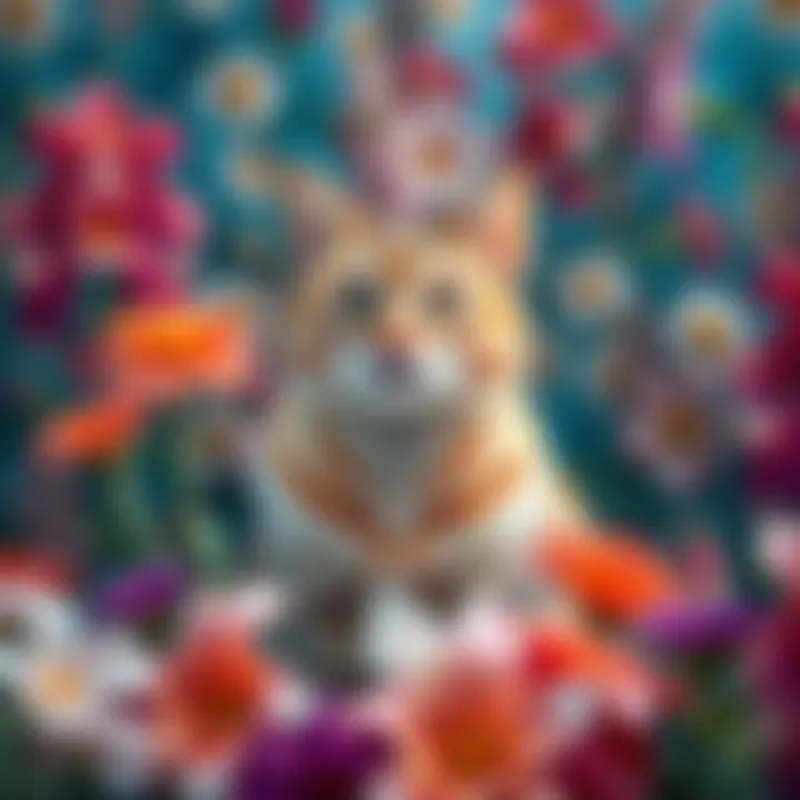 A colorful cat sits surrounded by flowers, showcasing vibrant colors like gray, orange, and black against a floral backdrop.