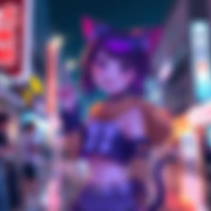 A stylized cat girl character with cat ears and tail, dressed in a colorful outfit, posing playfully.