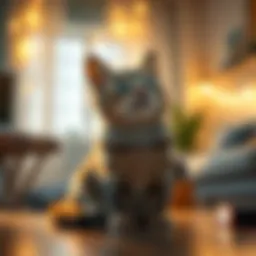 A cat sitting calmly, ears perked up as it listens to soft music, surrounded by a cozy room filled with light.