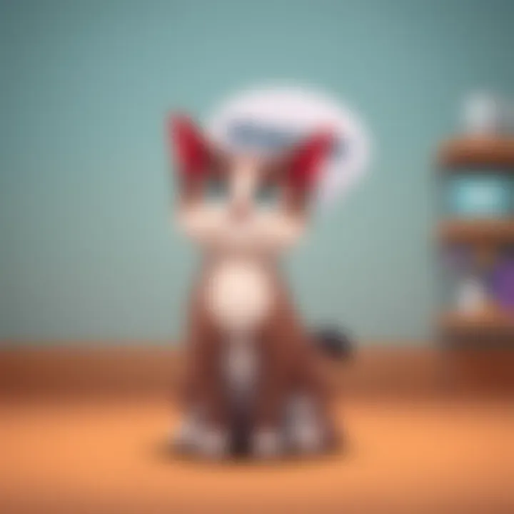 A cartoon cat sitting and looking at the viewer with a speech bubble above it saying 'meow', highlighting the discussion about language consistency.