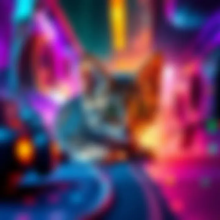 Mittens the cat sneaking through a colorful, abstract heist scene inspired by quantum physics.