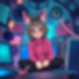 A playful catgirl character with cat ears and a tail, smiling and sitting in a tech-themed environment filled with gadgets, emphasizing creativity and humor.