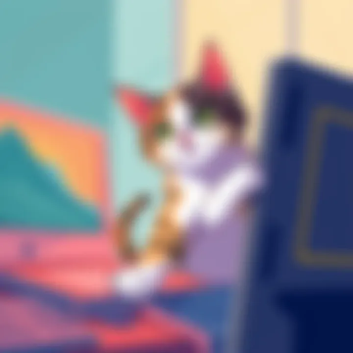 An illustration showing CatGpt, a cat-like AI character, stepping out of its usual role, depicting a playful and curious cat with a computer, symbolizing new AI behavior.