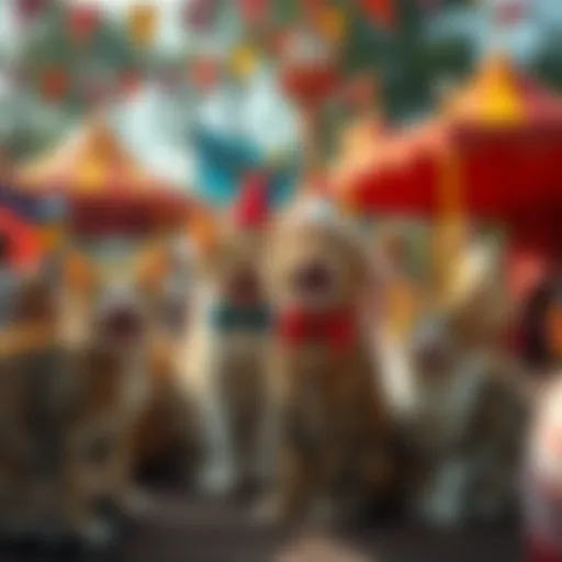 A vibrant park filled with playful cats in circus costumes, engaging in fun activities surrounded by colorful tents and decorations
