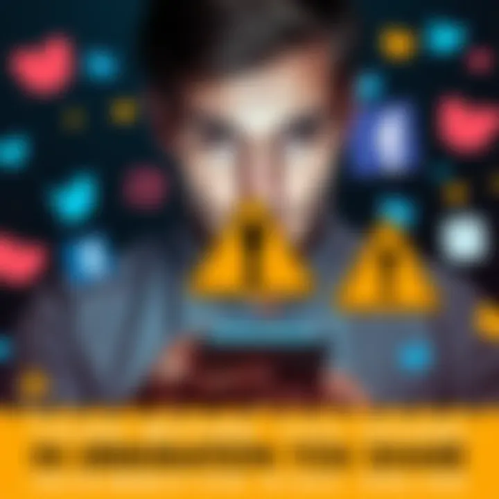 A person looking concerned while using a smartphone, surrounded by social media icons and a caution symbol.