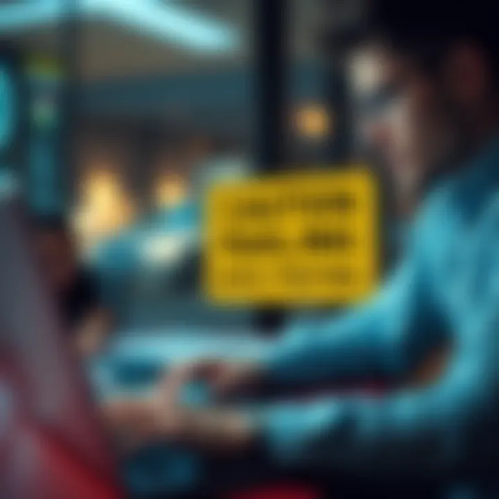 A person looking at a laptop with a caution sign regarding online sharing risks, emphasizing the dangers of posting content without consent.