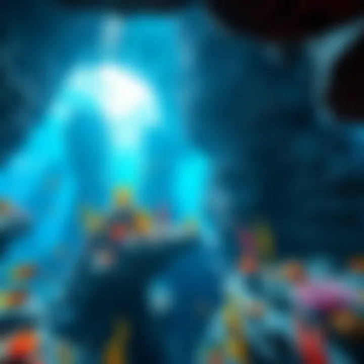 Cave-diving game scene A vibrant underwater scene showing a character swimming through cave-like formations filled with colorful sea life and obstacles in a video game setting.