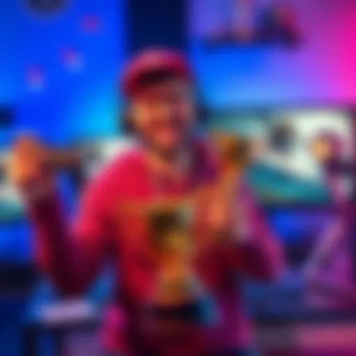 A joyful game developer holding a trophy with a game controller, celebrating their first 100 sales on Steam, with a computer displaying the game in the background.