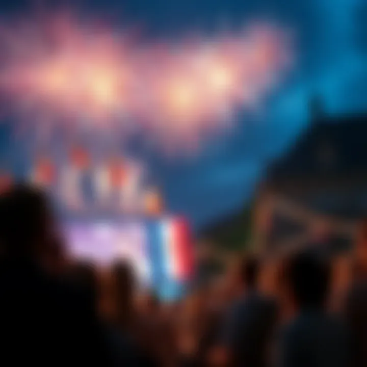 A group of people in Europe watching a fireworks display in honor of America's 4th of July, with flags and festive decorations.
