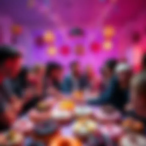 People gathered around a table filled with colorful donuts, enjoying a festive atmosphere and sharing their love for these treats.