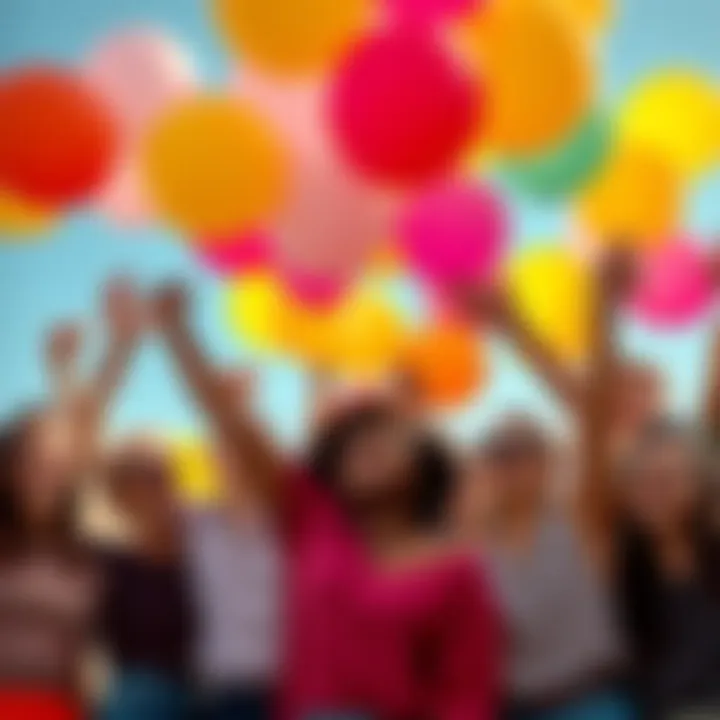 A group of diverse people joyfully celebrating under bright, colorful balloons
