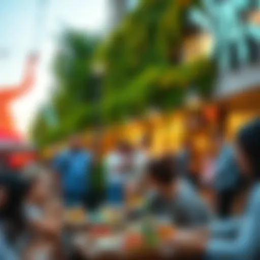 People enjoying various pleasures like food, music, and nature in a vibrant urban setting
