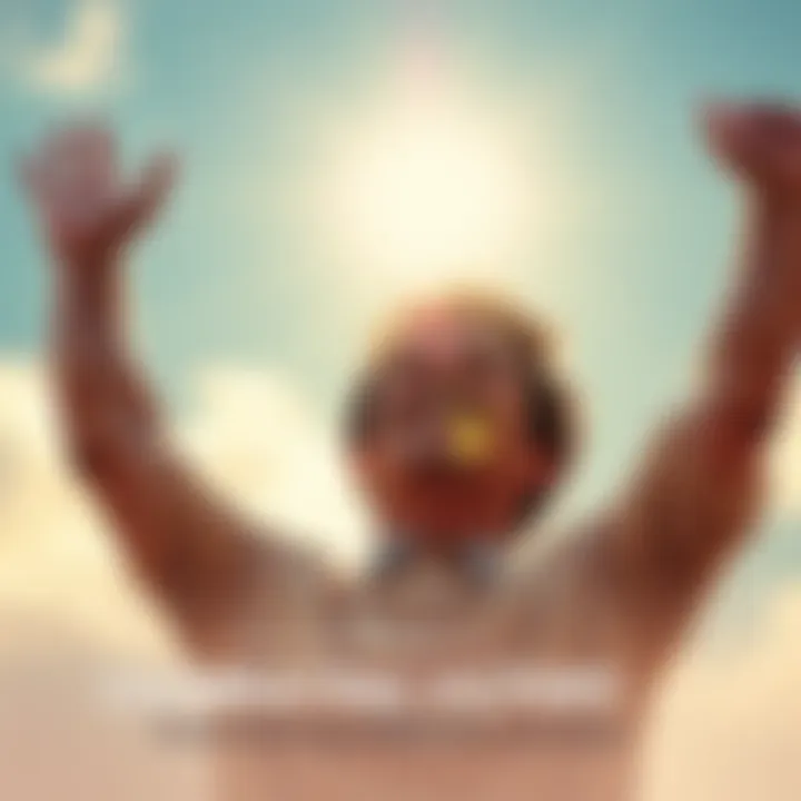 A person smiling with arms raised in victory, symbolizing triumph over addiction, with a bright background portraying hope and freedom.