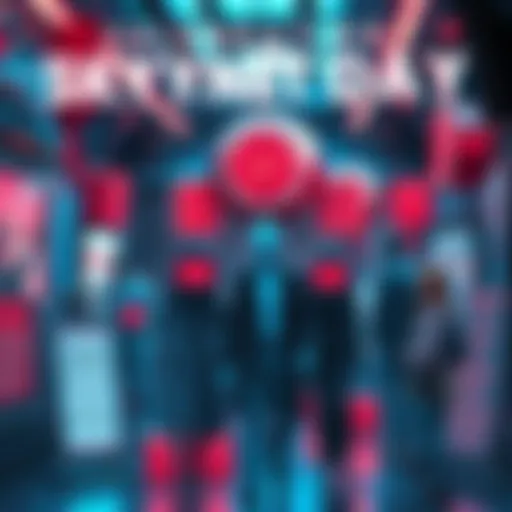A futuristic scene showing people celebrating Skynet Day with decorations and signs about artificial intelligence.