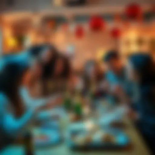 A group of friends enjoying a joyful celebration with food and laughter, surrounded by decorations and happy vibes.