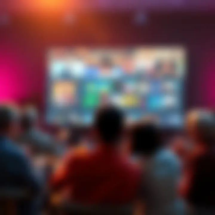 People enjoying a gathering with snacks and drinks while watching a large screen displaying various streaming shows and movies.