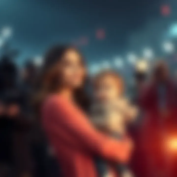 A celebrity holding a child, both looking at the camera with curiosity, surrounded by a crowd of onlookers and flashing cameras.