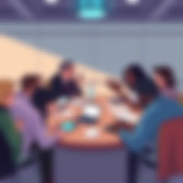 A group of people discussing censorship at a round table, papers and devices on the table, with expressive gestures and varied expressions.