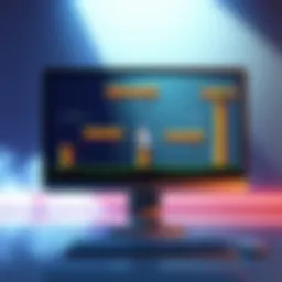 A computer screen displaying a centralized game layout with flying pipes and a bird character positioned in the center.