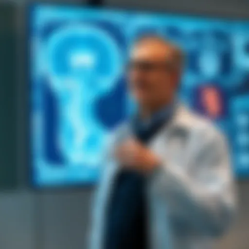 A hospital CEO stands in front of a digital screen displaying AI technology in medical imaging, highlighting the future of healthcare.